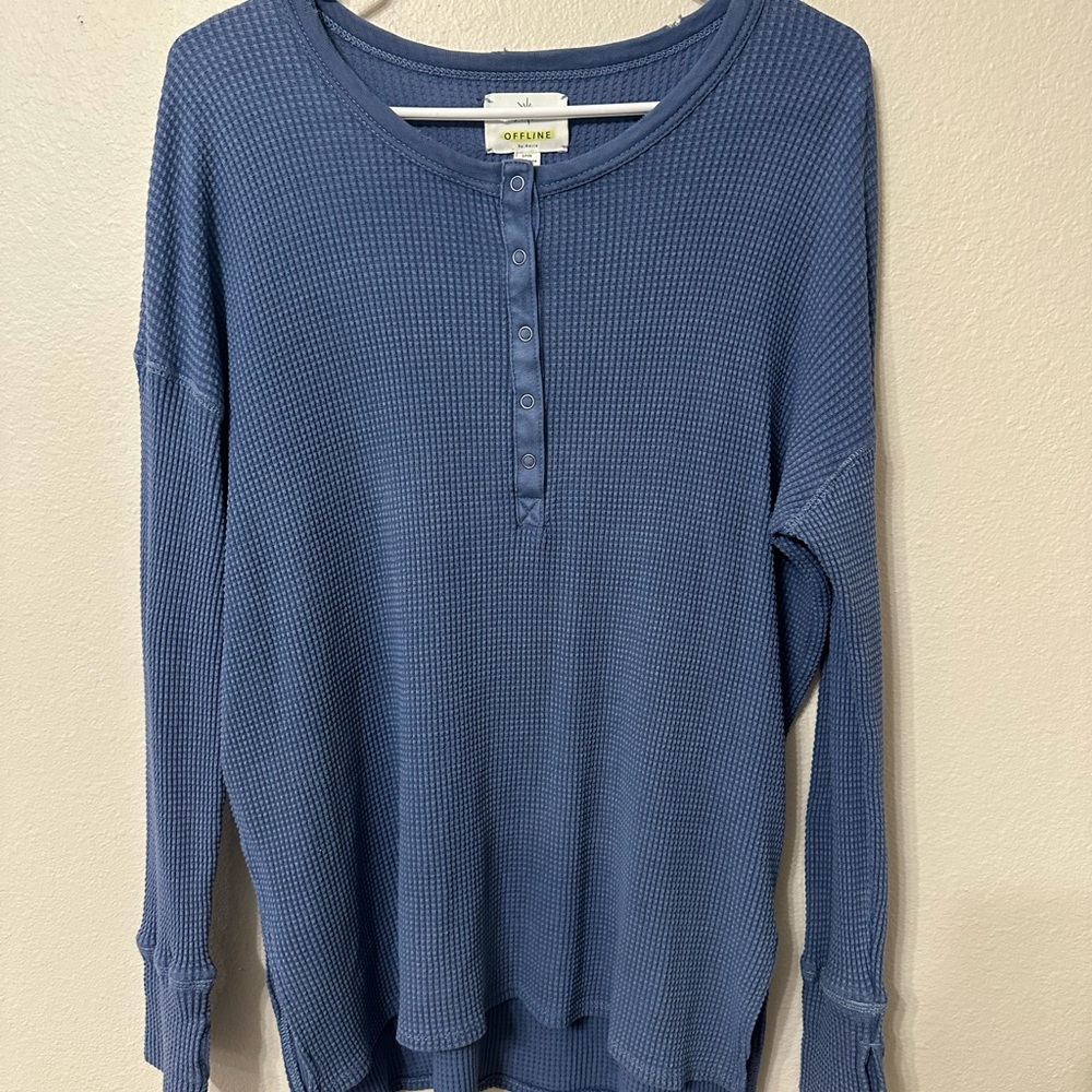 Blue Waffle Knit Henley Top